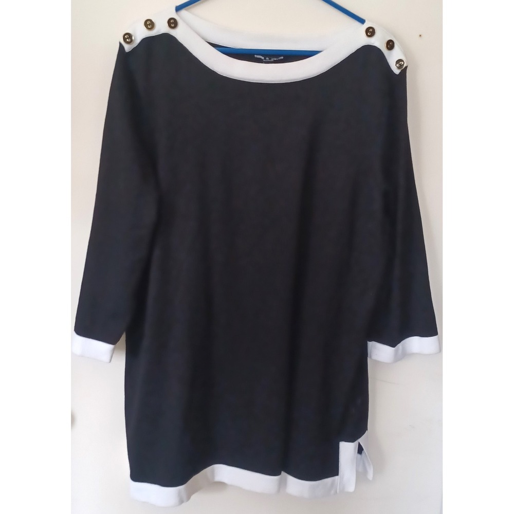Cable & Gauge Woman 1X Button Shoulder Tunic Top Black White Nautical Trim